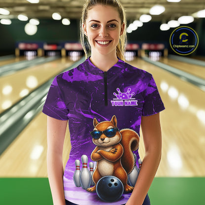 Personalized Purple Funny Squirrel Bowling Shirt For Women Custom Bowling Team Jersey Polo & 1/4 Zip TDM7951