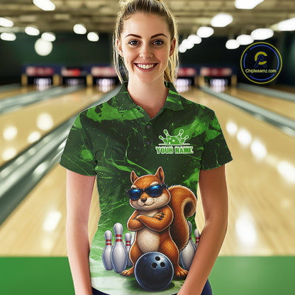Personalized Green Funny Squirrel Bowling Shirt For Women Custom Bowling Team Jersey Polo & 1/4 Zip TDM7952