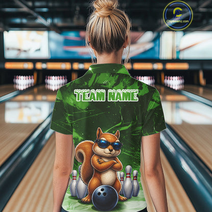 Personalized Green Funny Squirrel Bowling Shirt For Women Custom Bowling Team Jersey Polo & 1/4 Zip TDM7952