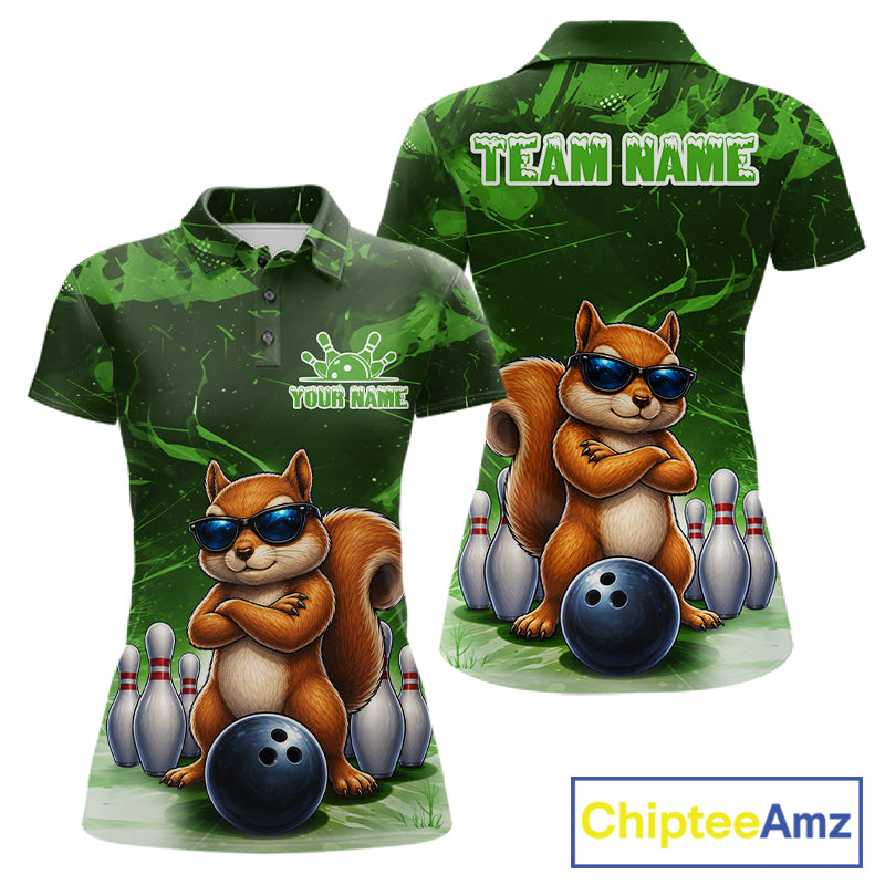 Personalized Green Funny Squirrel Bowling Shirt For Women Custom Bowling Team Jersey Polo & 1/4 Zip TDM7952