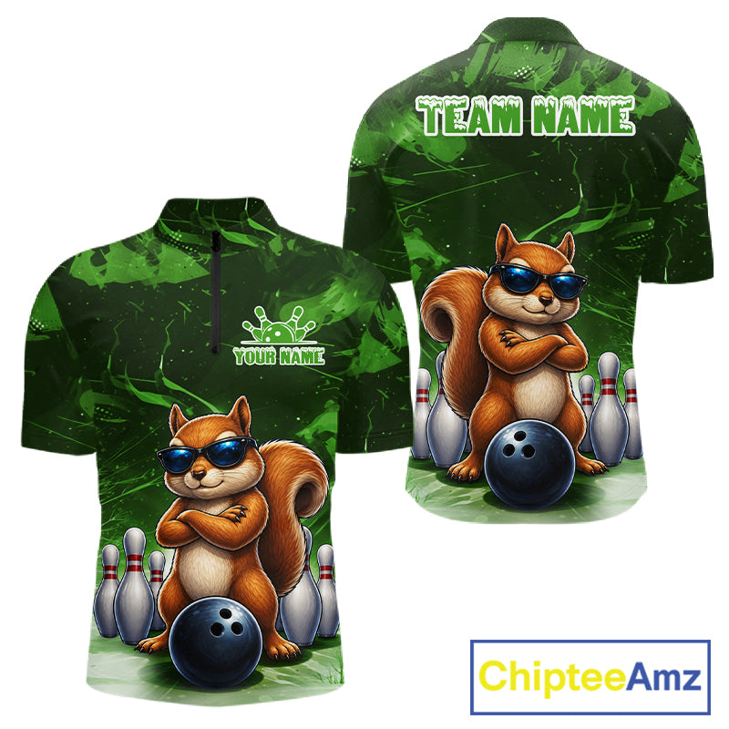 Personalized Green Funny Squirrel Bowling Shirt For Men Custom Bowling Team Jersey Polo & 1/4 Zip TDM7952