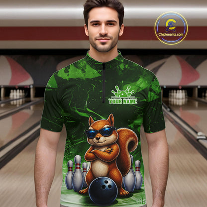 Personalized Green Funny Squirrel Bowling Shirt For Men Custom Bowling Team Jersey Polo & 1/4 Zip TDM7952