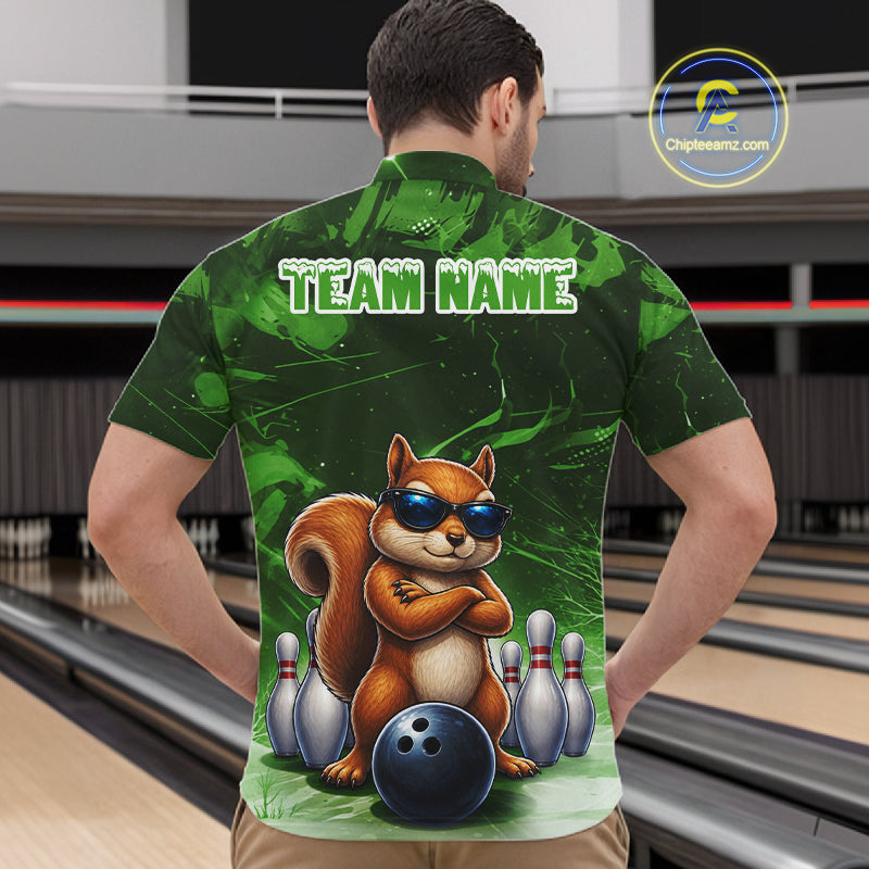 Personalized Green Funny Squirrel Bowling Shirt For Men Custom Bowling Team Jersey Polo & 1/4 Zip TDM7952