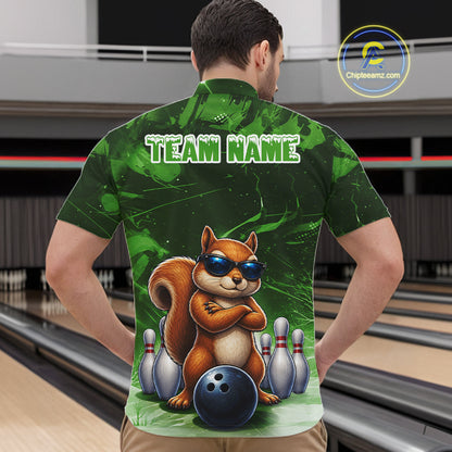 Personalized Green Funny Squirrel Bowling Shirt For Men Custom Bowling Team Jersey Polo & 1/4 Zip TDM7952