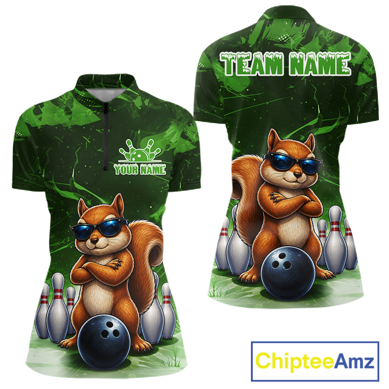 Personalized Green Funny Squirrel Bowling Shirt For Women Custom Bowling Team Jersey Polo & 1/4 Zip TDM7952