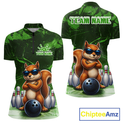 Personalized Green Funny Squirrel Bowling Shirt For Women Custom Bowling Team Jersey Polo & 1/4 Zip TDM7952