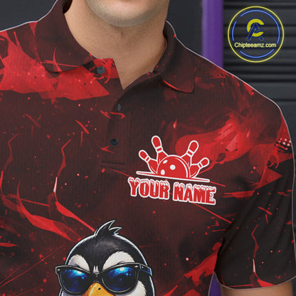 Personalized Red Funny Penguin Bowling Shirt For Men Custom Bowling Team Jersey Polo & 1/4 Zip TDM7953