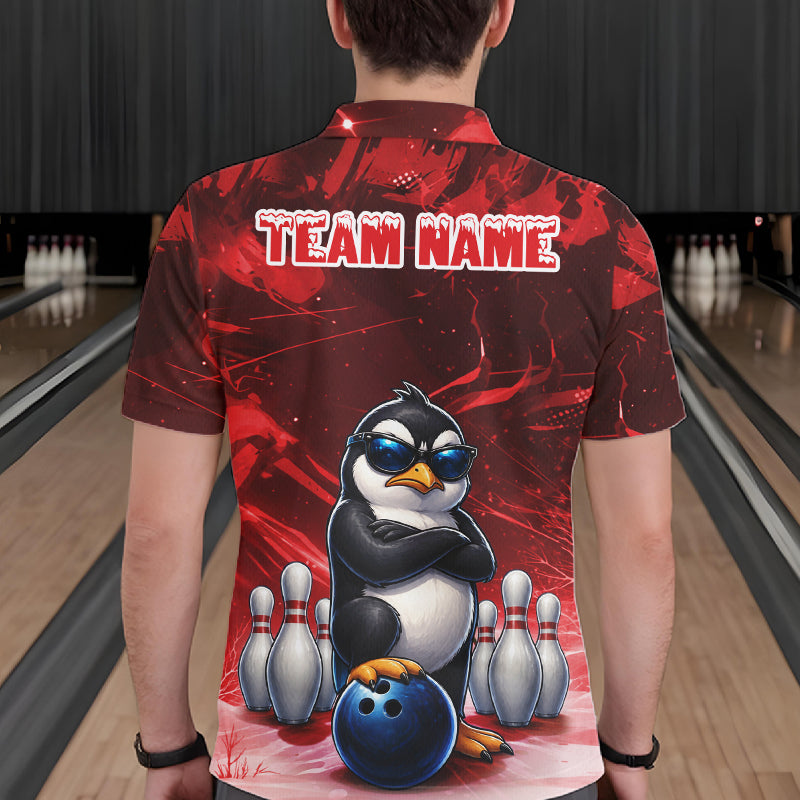 Personalized Red Funny Penguin Bowling Shirt For Men Custom Bowling Team Jersey Polo & 1/4 Zip TDM7953
