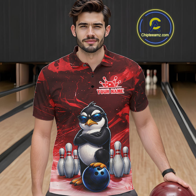 Personalized Red Funny Penguin Bowling Shirt For Men Custom Bowling Team Jersey Polo & 1/4 Zip TDM7953