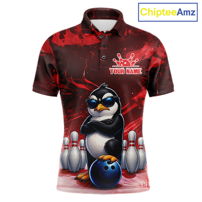 Personalized Red Funny Penguin Bowling Shirt For Men Custom Bowling Team Jersey Polo & 1/4 Zip TDM7953