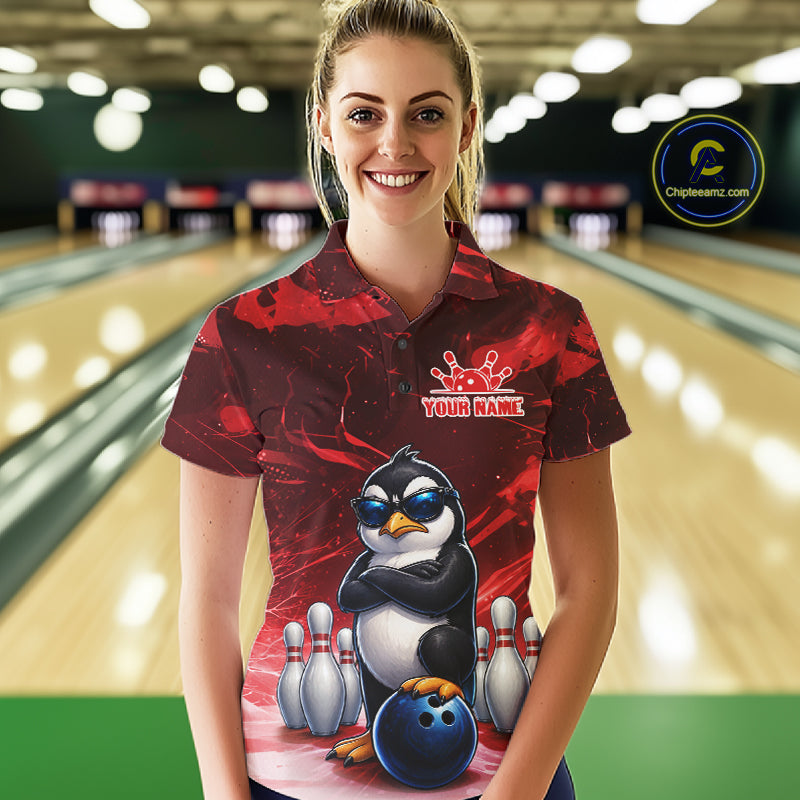 Personalized Red Funny Penguin Bowling Shirt For Women Custom Bowling Team Jersey Polo & 1/4 Zip TDM7953
