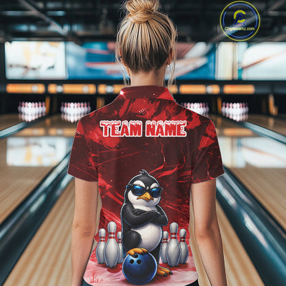 Personalized Red Funny Penguin Bowling Shirt For Women Custom Bowling Team Jersey Polo & 1/4 Zip TDM7953