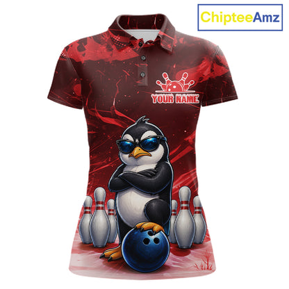 Personalized Red Funny Penguin Bowling Shirt For Women Custom Bowling Team Jersey Polo & 1/4 Zip TDM7953
