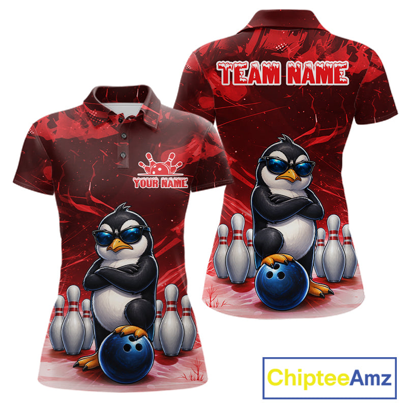 Personalized Red Funny Penguin Bowling Shirt For Women Custom Bowling Team Jersey Polo & 1/4 Zip TDM7953