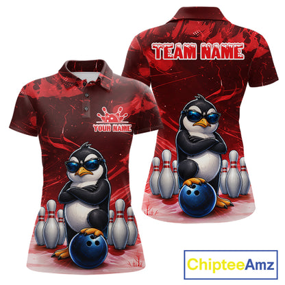 Personalized Red Funny Penguin Bowling Shirt For Women Custom Bowling Team Jersey Polo & 1/4 Zip TDM7953