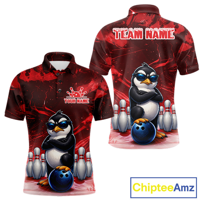 Personalized Red Funny Penguin Bowling Shirt For Men Custom Bowling Team Jersey Polo & 1/4 Zip TDM7953