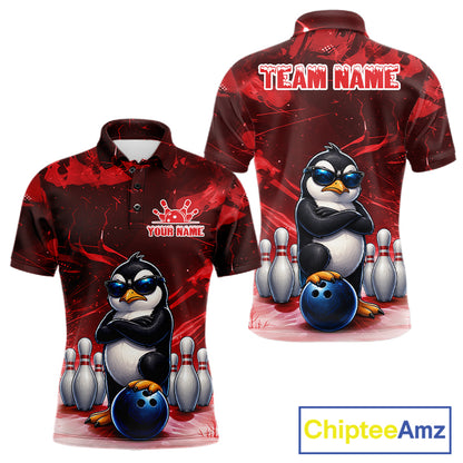 Personalized Red Funny Penguin Bowling Shirt For Men Custom Bowling Team Jersey Polo & 1/4 Zip TDM7953