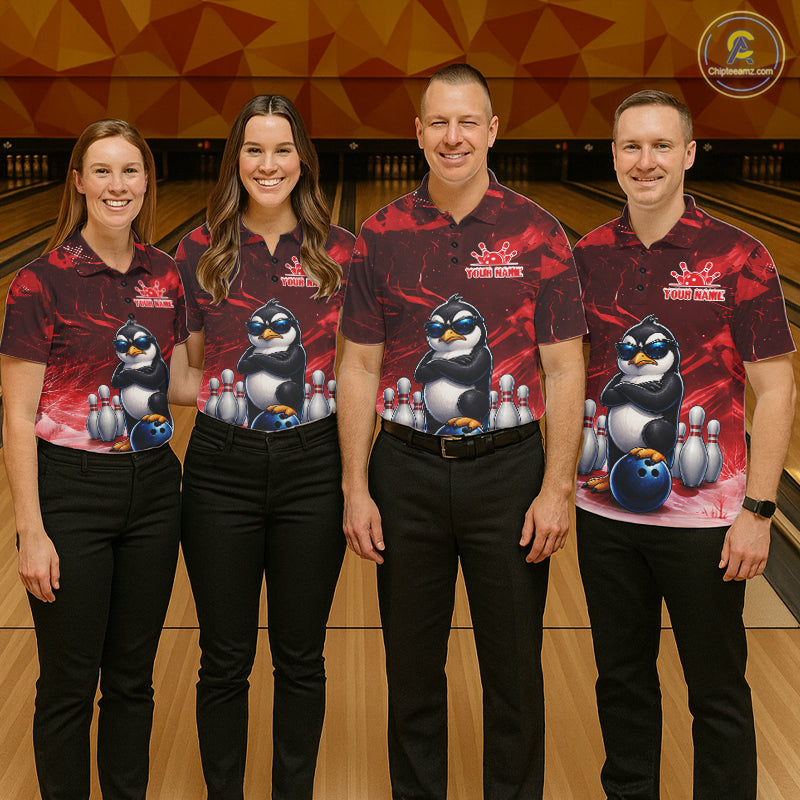 Personalized Red Funny Penguin Bowling Shirt For Men Custom Bowling Team Jersey Polo & 1/4 Zip TDM7953