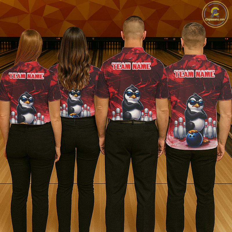 Personalized Red Funny Penguin Bowling Shirt For Men Custom Bowling Team Jersey Polo & 1/4 Zip TDM7953