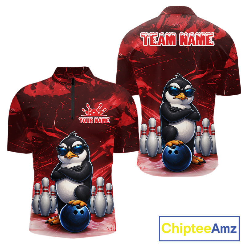 Personalized Red Funny Penguin Bowling Shirt For Men Custom Bowling Team Jersey Polo & 1/4 Zip TDM7953
