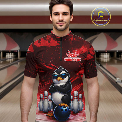 Personalized Red Funny Penguin Bowling Shirt For Men Custom Bowling Team Jersey Polo & 1/4 Zip TDM7953