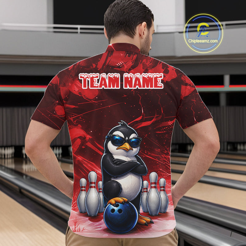 Personalized Red Funny Penguin Bowling Shirt For Men Custom Bowling Team Jersey Polo & 1/4 Zip TDM7953