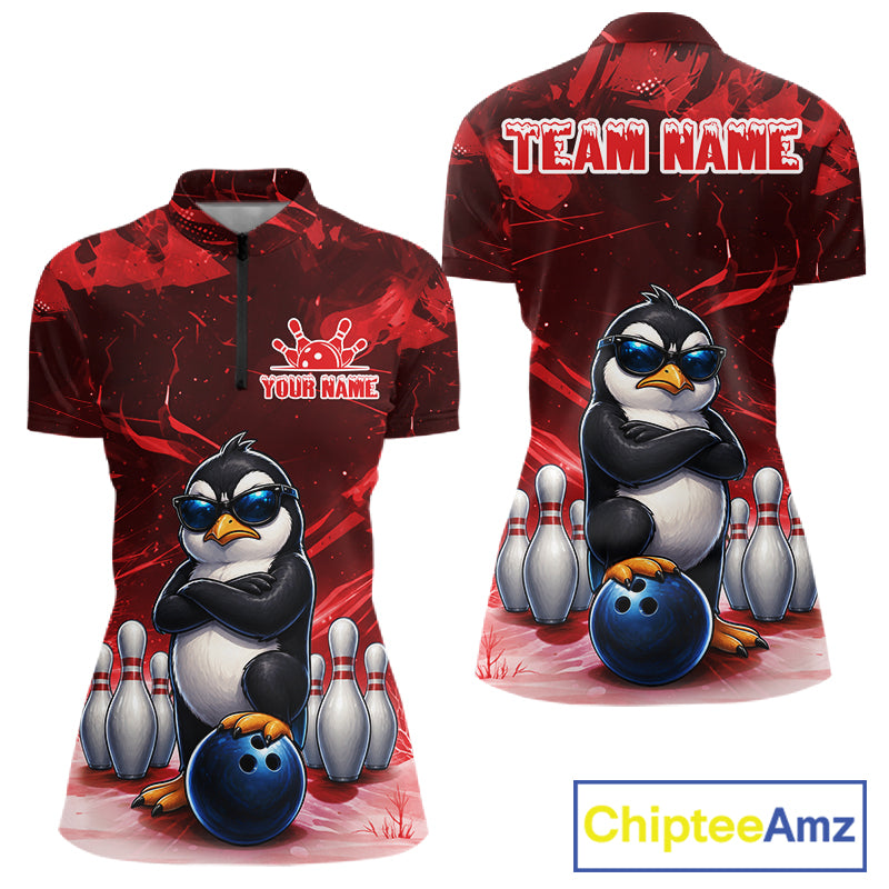 Personalized Red Funny Penguin Bowling Shirt For Women Custom Bowling Team Jersey Polo & 1/4 Zip TDM7953