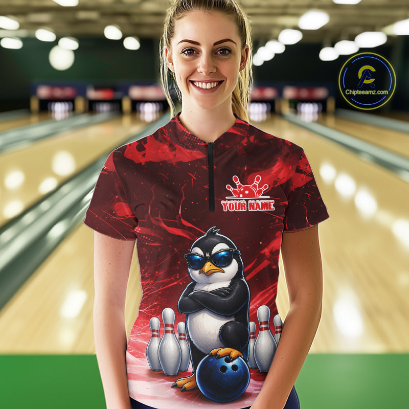 Personalized Red Funny Penguin Bowling Shirt For Women Custom Bowling Team Jersey Polo & 1/4 Zip TDM7953
