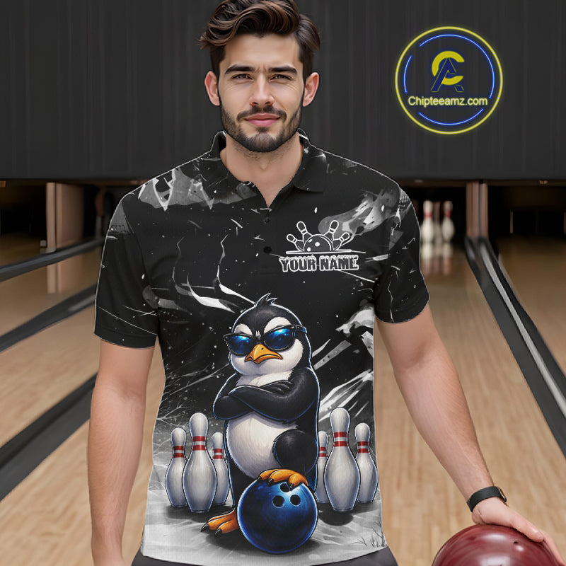 Personalized Black Funny Penguin Bowling Shirt For Men Custom Bowling Team Jersey Polo & 1/4 Zip TDM7954