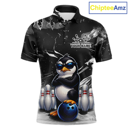 Personalized Black Funny Penguin Bowling Shirt For Men Custom Bowling Team Jersey Polo & 1/4 Zip TDM7954