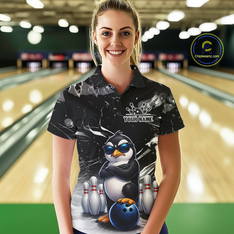 Personalized Black Funny Penguin Bowling Shirt For Women Custom Bowling Team Jersey Polo & 1/4 Zip TDM7954