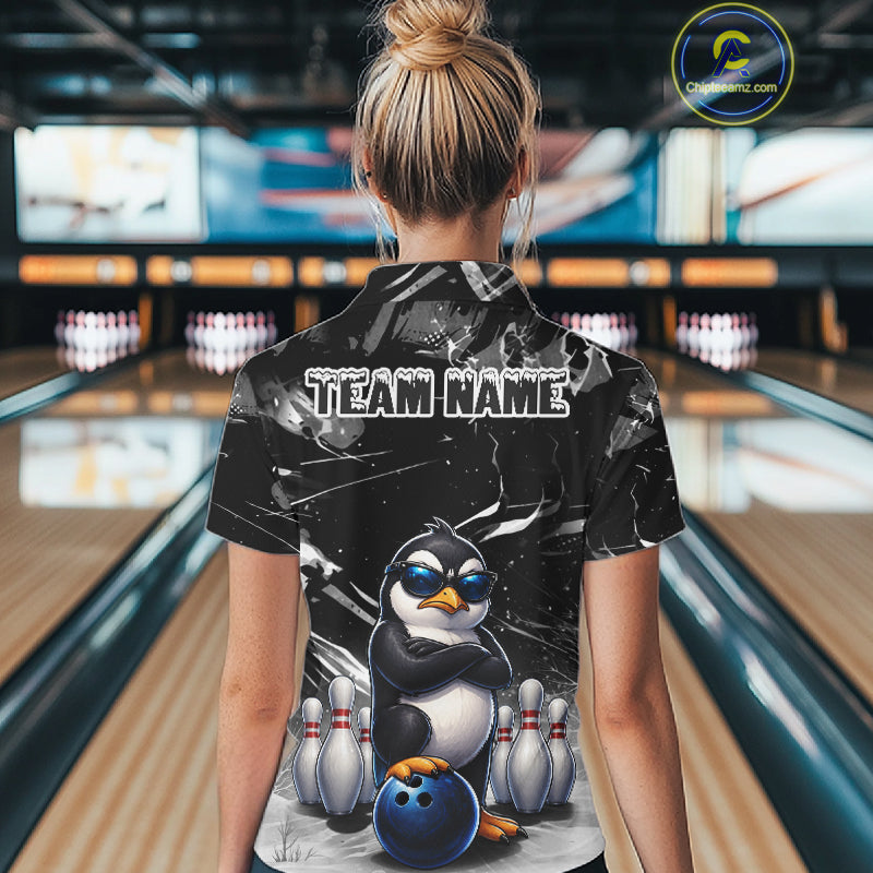Personalized Black Funny Penguin Bowling Shirt For Women Custom Bowling Team Jersey Polo & 1/4 Zip TDM7954