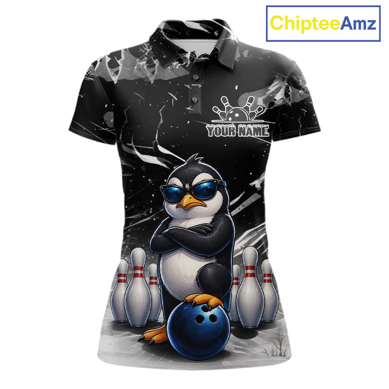 Personalized Black Funny Penguin Bowling Shirt For Women Custom Bowling Team Jersey Polo & 1/4 Zip TDM7954