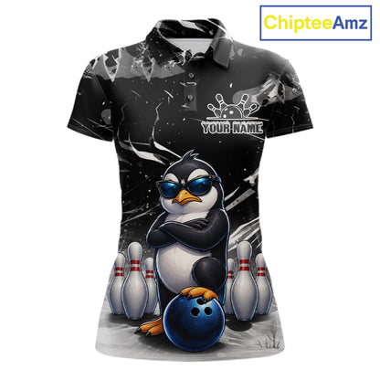 Personalized Black Funny Penguin Bowling Shirt For Women Custom Bowling Team Jersey Polo & 1/4 Zip TDM7954