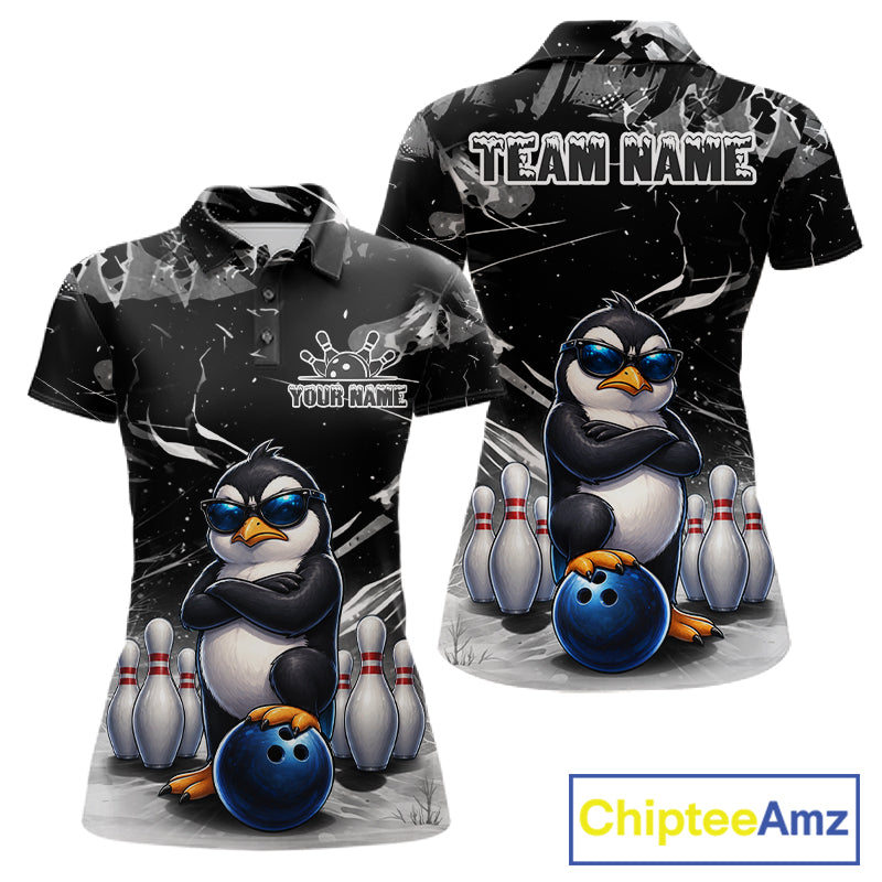 Personalized Black Funny Penguin Bowling Shirt For Women Custom Bowling Team Jersey Polo & 1/4 Zip TDM7954