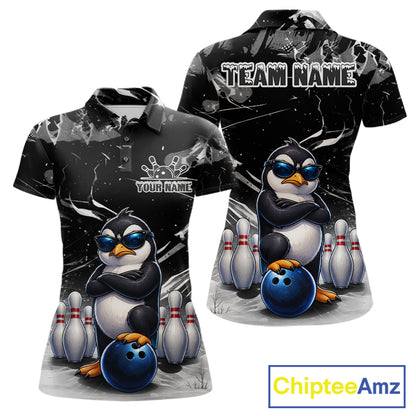 Personalized Black Funny Penguin Bowling Shirt For Women Custom Bowling Team Jersey Polo & 1/4 Zip TDM7954
