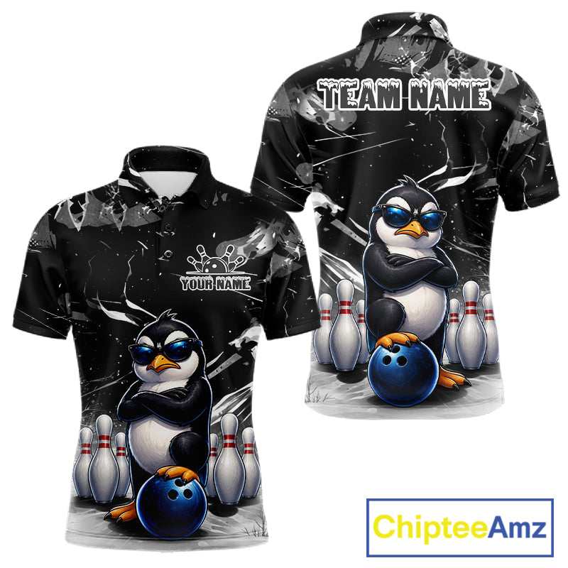 Personalized Black Funny Penguin Bowling Shirt For Men Custom Bowling Team Jersey Polo & 1/4 Zip TDM7954