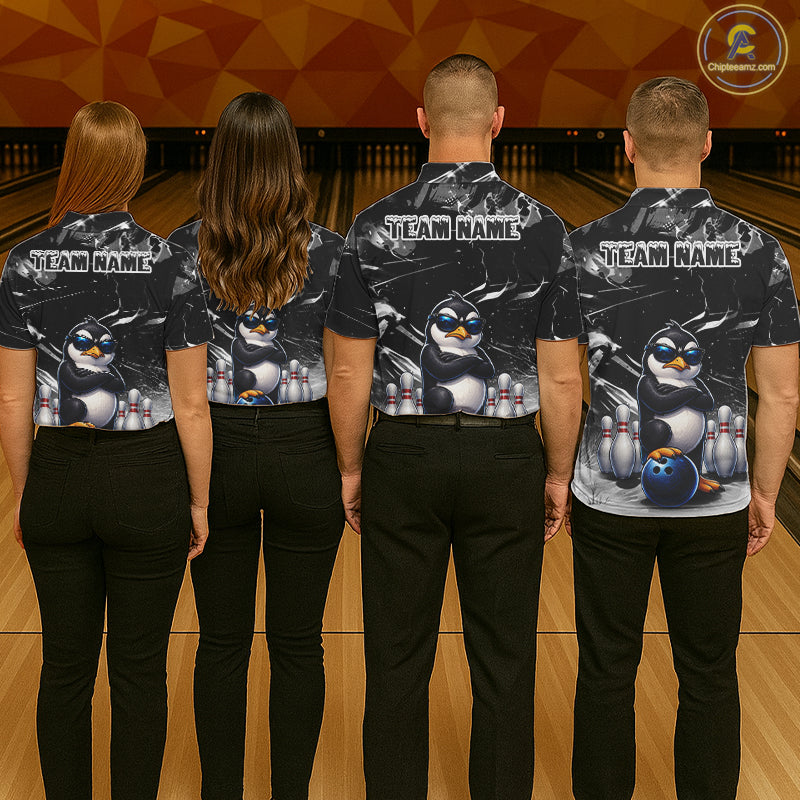 Personalized Black Funny Penguin Bowling Shirt For Men Custom Bowling Team Jersey Polo & 1/4 Zip TDM7954