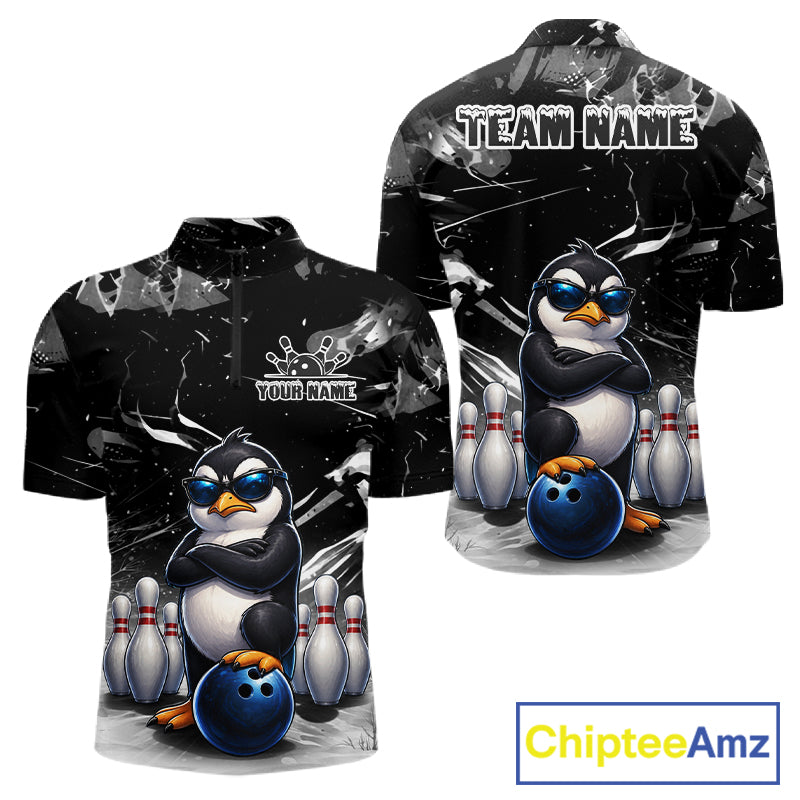 Personalized Black Funny Penguin Bowling Shirt For Men Custom Bowling Team Jersey Polo & 1/4 Zip TDM7954