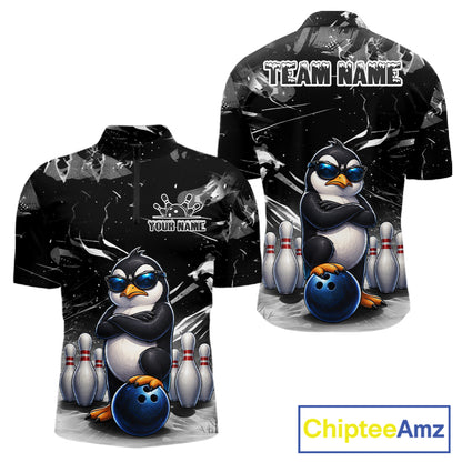 Personalized Black Funny Penguin Bowling Shirt For Men Custom Bowling Team Jersey Polo & 1/4 Zip TDM7954