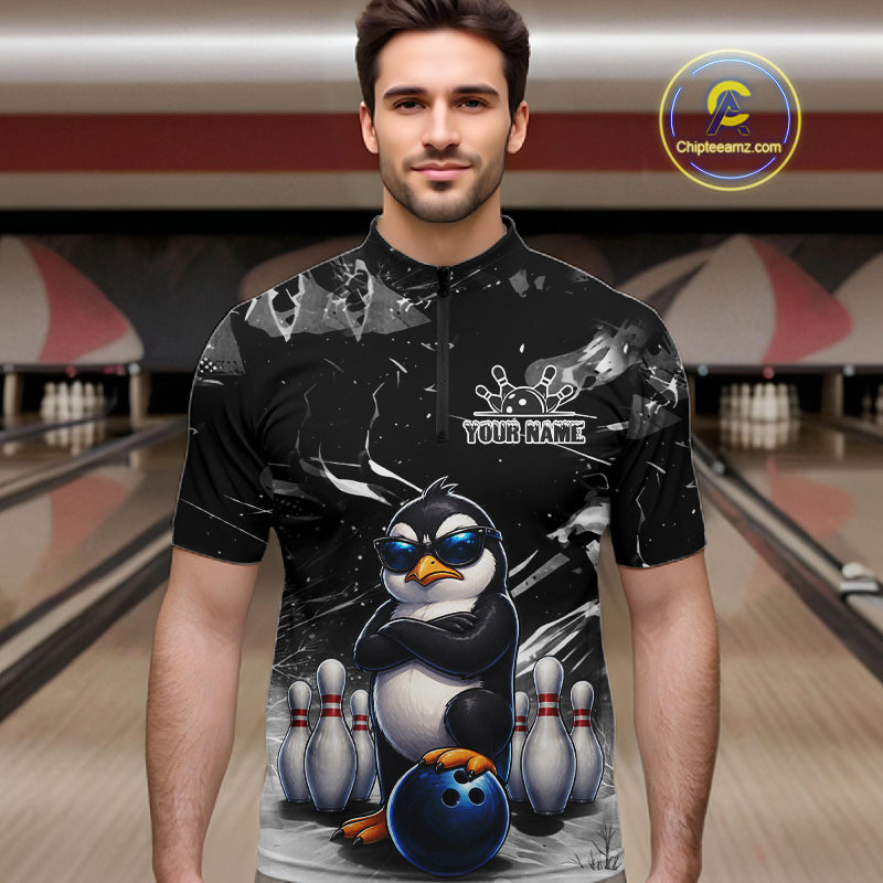 Personalized Black Funny Penguin Bowling Shirt For Men Custom Bowling Team Jersey Polo & 1/4 Zip TDM7954