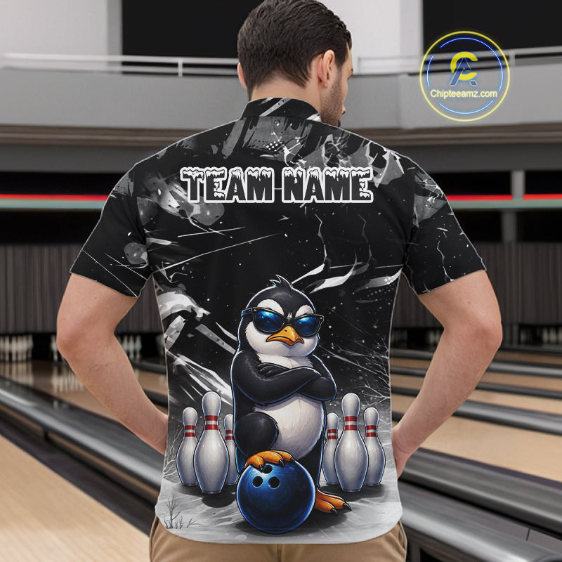 Personalized Black Funny Penguin Bowling Shirt For Men Custom Bowling Team Jersey Polo & 1/4 Zip TDM7954