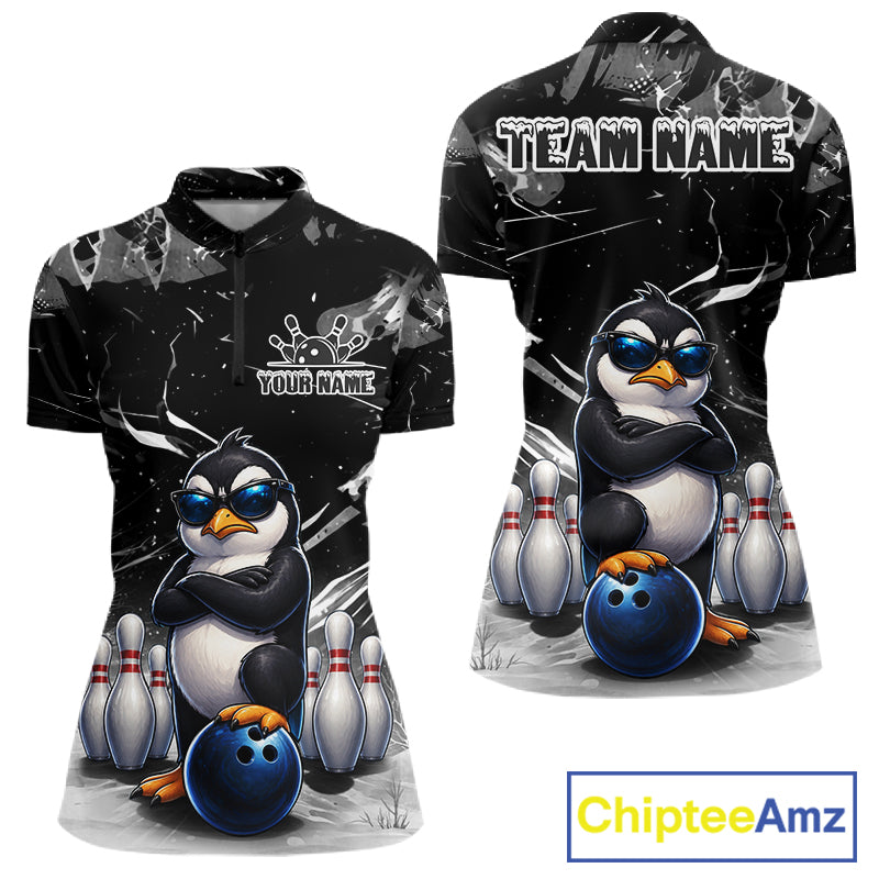 Personalized Black Funny Penguin Bowling Shirt For Women Custom Bowling Team Jersey Polo & 1/4 Zip TDM7954