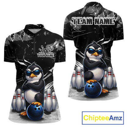 Personalized Black Funny Penguin Bowling Shirt For Women Custom Bowling Team Jersey Polo & 1/4 Zip TDM7954