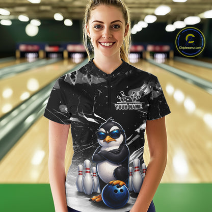 Personalized Black Funny Penguin Bowling Shirt For Women Custom Bowling Team Jersey Polo & 1/4 Zip TDM7954