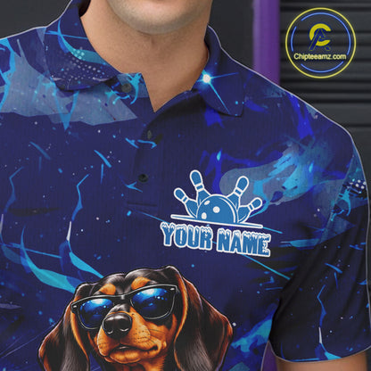 Blue Funny Dachshund Dog Bowling Shirt For Men Custom Bowling Team Jersey Polo & Quarter Zip TDM7955