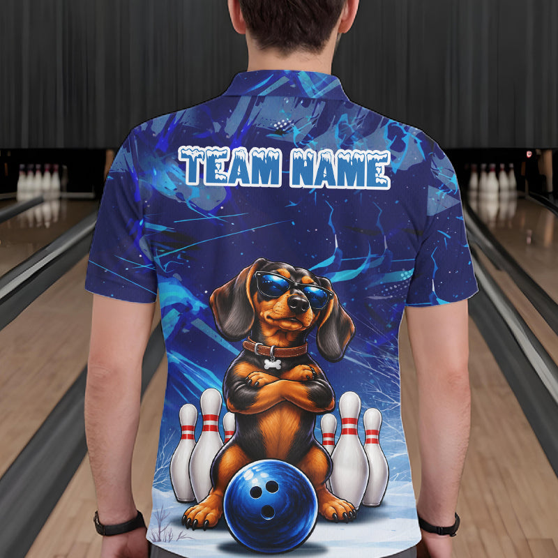 Blue Funny Dachshund Dog Bowling Shirt For Men Custom Bowling Team Jersey Polo & Quarter Zip TDM7955