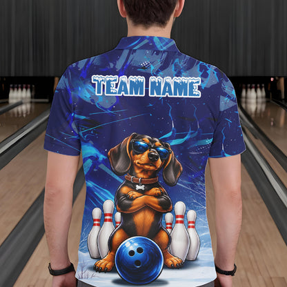 Blue Funny Dachshund Dog Bowling Shirt For Men Custom Bowling Team Jersey Polo & Quarter Zip TDM7955
