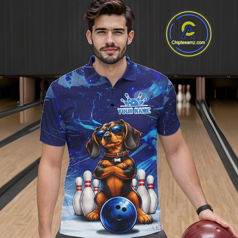 Blue Funny Dachshund Dog Bowling Shirt For Men Custom Bowling Team Jersey Polo & Quarter Zip TDM7955