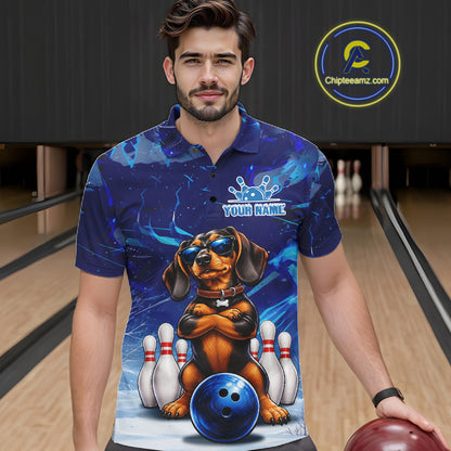 Blue Funny Dachshund Dog Bowling Shirt For Men Custom Bowling Team Jersey Polo & Quarter Zip TDM7955